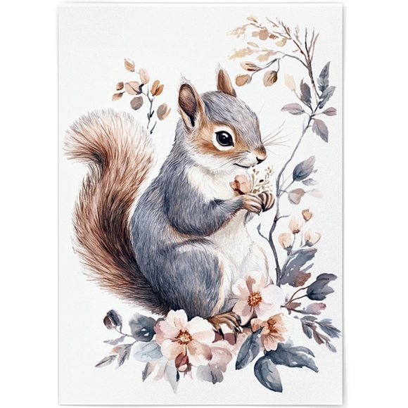 Watercolor Floral Squirrel Portrait Wall Art Illustration Print Poster Unframed - Picture 2 of 9